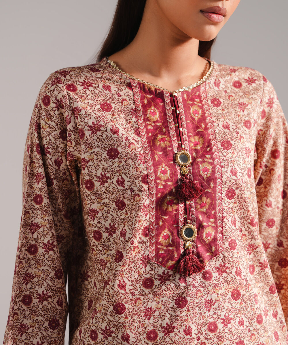 Women's RTW Textured Lawn Printed Beige 2 Piece Suit