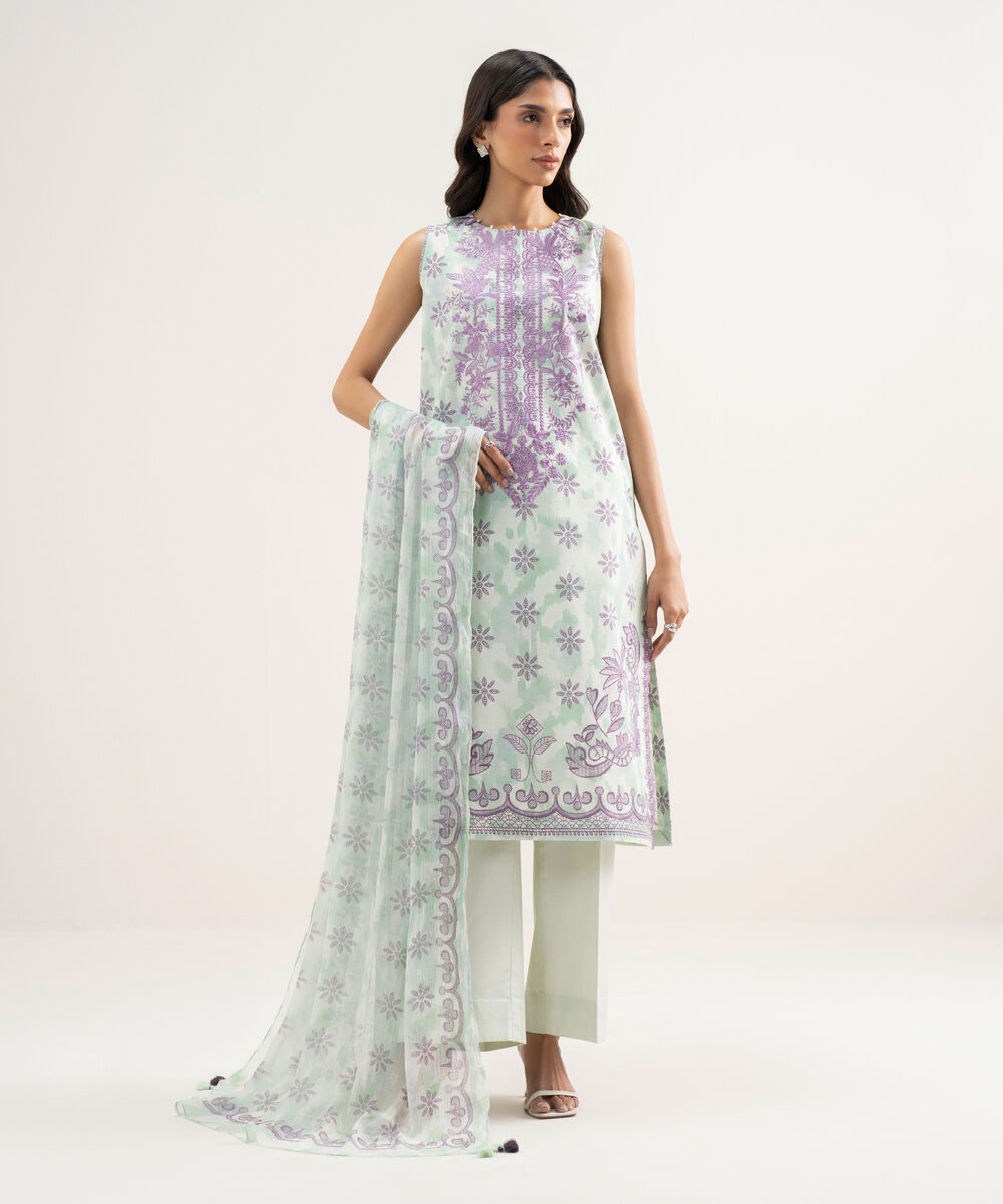 Women's Unstitched Lawn Embroidered Green 3 Piece Suit