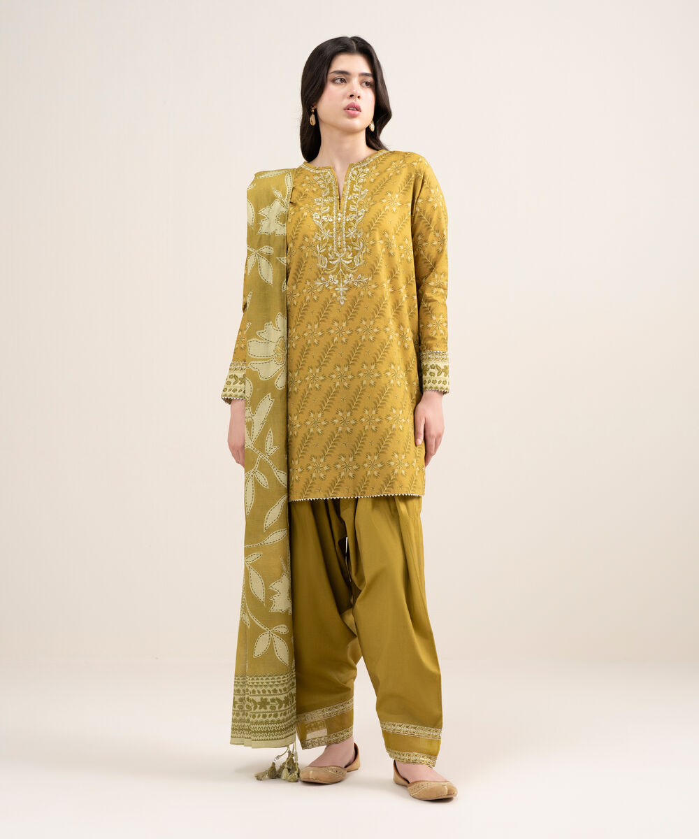 Women's Unstitched Lawn Embroidered Brown 3 Piece Suit