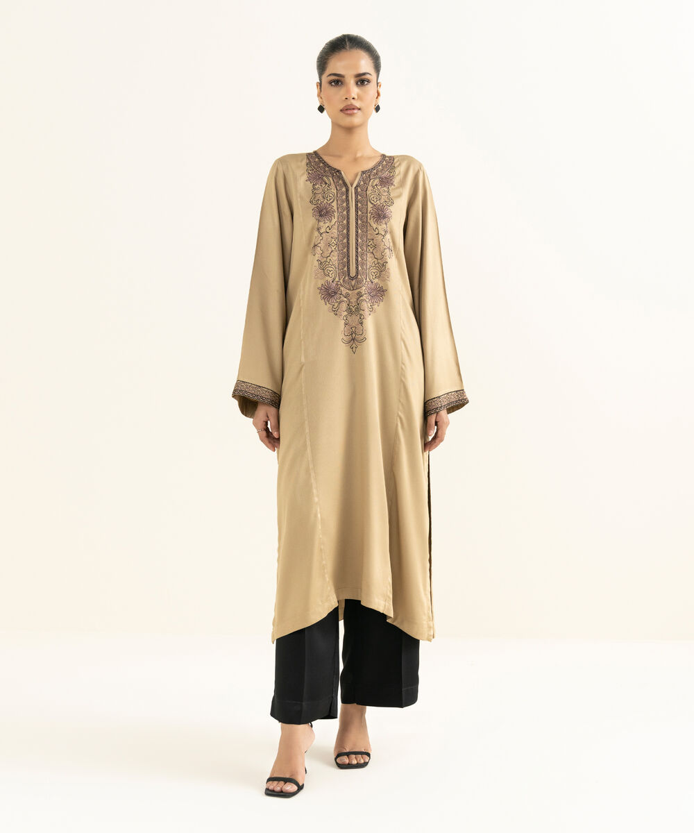 Women's RTW Linen Viscose Embroidered Beige Straight Shirt
