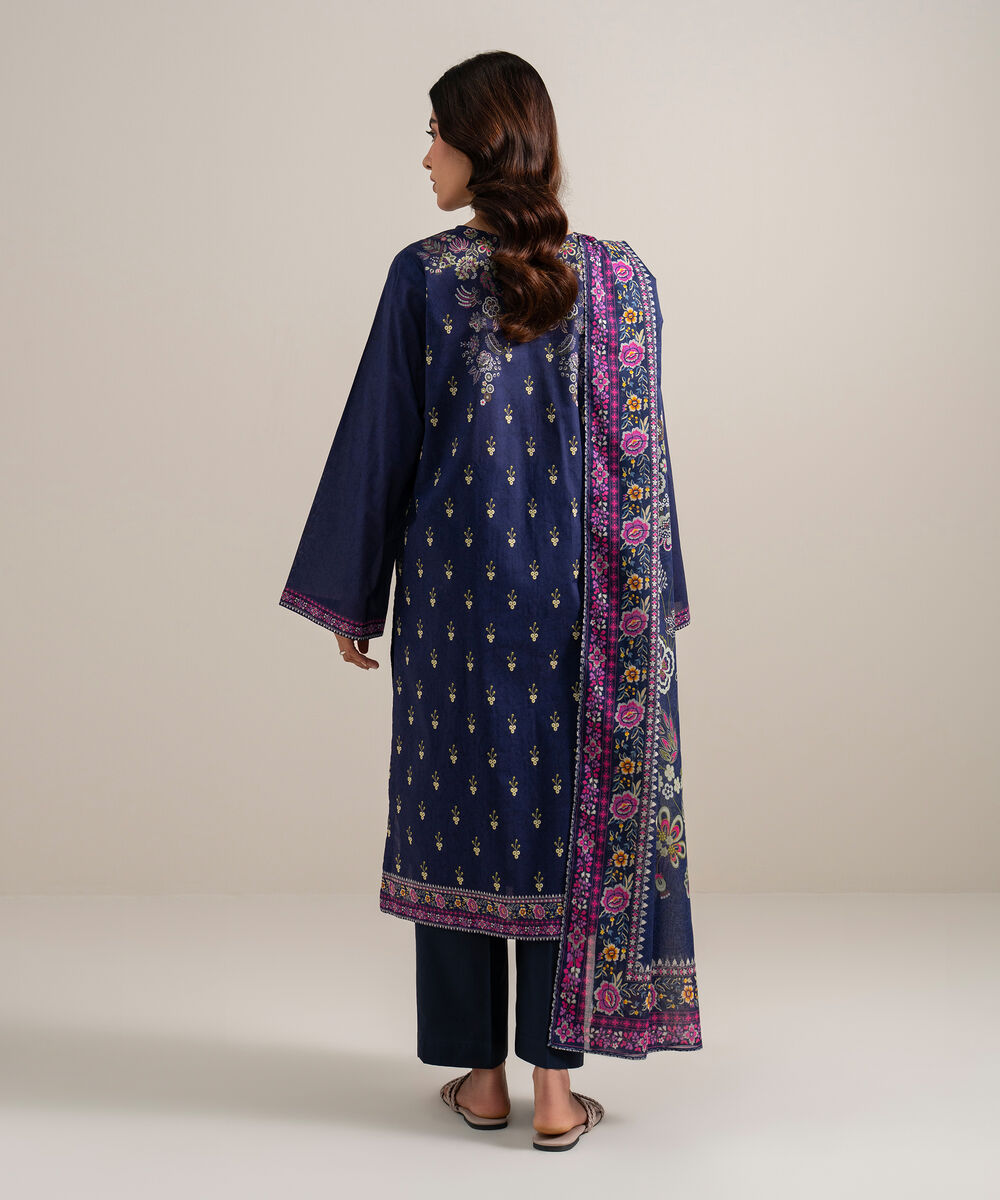 Women's Unstitched Lawn Embroidered Dark Blue  3 Piece Suit
