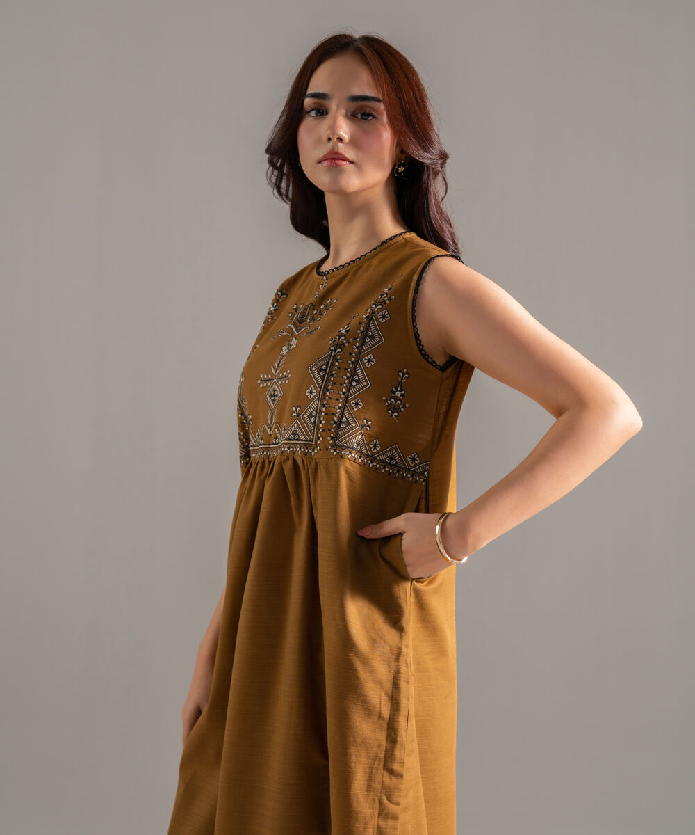Women's RTW Khaddar Solid Embroidered Brown Flared A-Line Shirt