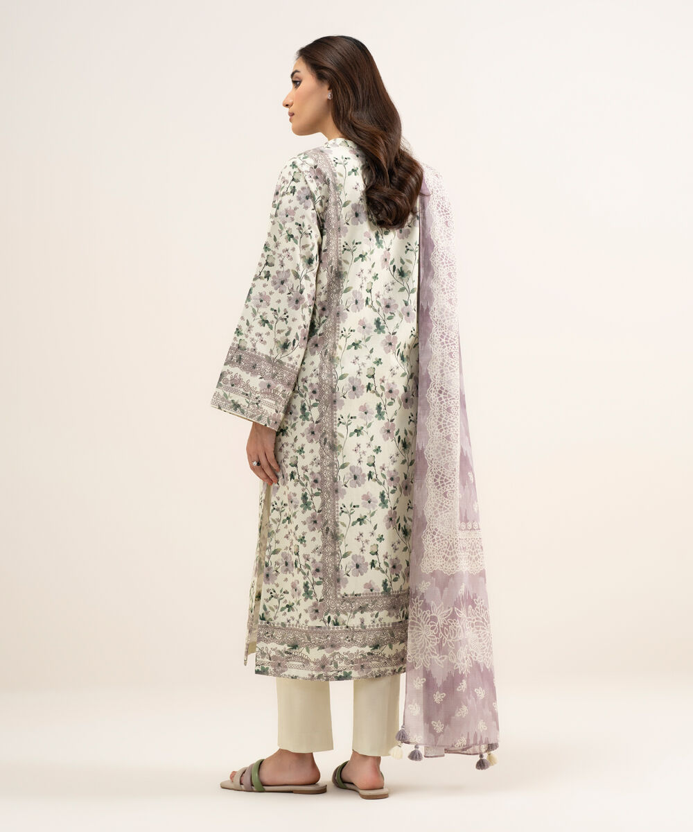 Women's Unstitched Lawn Printed Off White & Tea Pink 3 Piece Suit