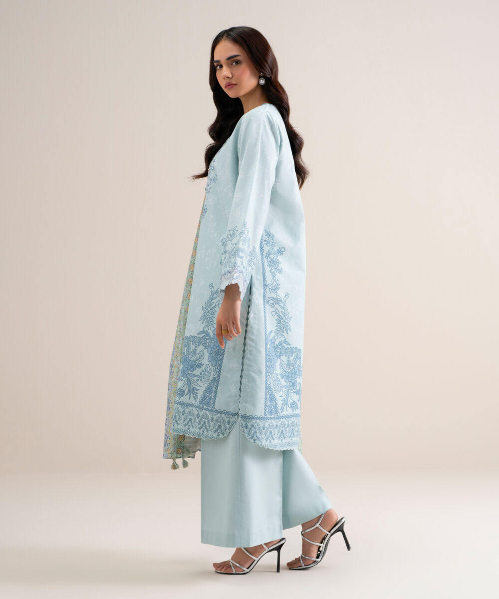 Women's Unstitched Embroidered Cotton Ice Blue 3 Piece Suit