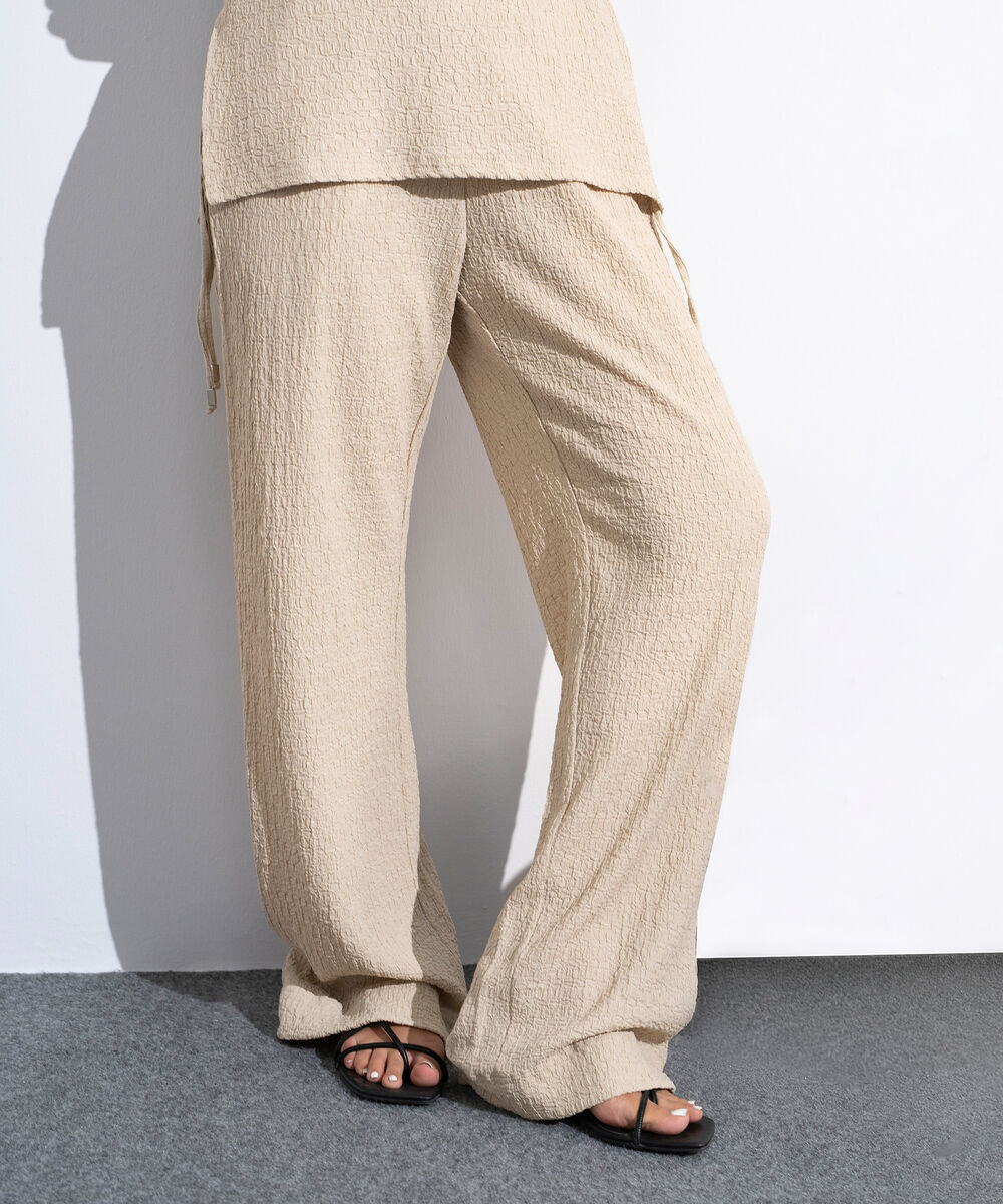 Women's Beige Pull-On  Textured Trousers With Tie Detail