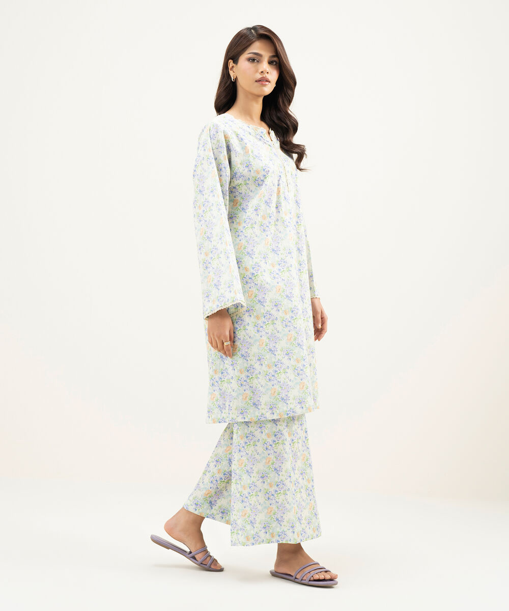 Women's RTW Seersucker Printed Mint Green Straight Shirt