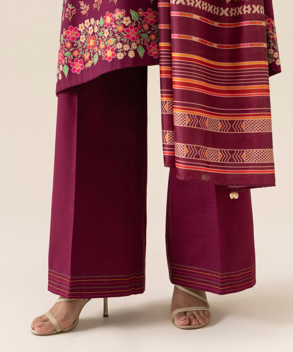 Women's Unstitched Light Khaddar Embroidered Magenta 3 Piece Suit