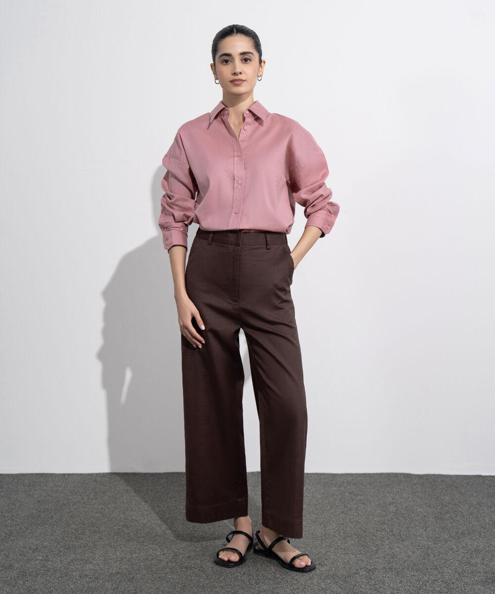 Women's Western Wear Maroon Straight Fit Linen Blend Trousers