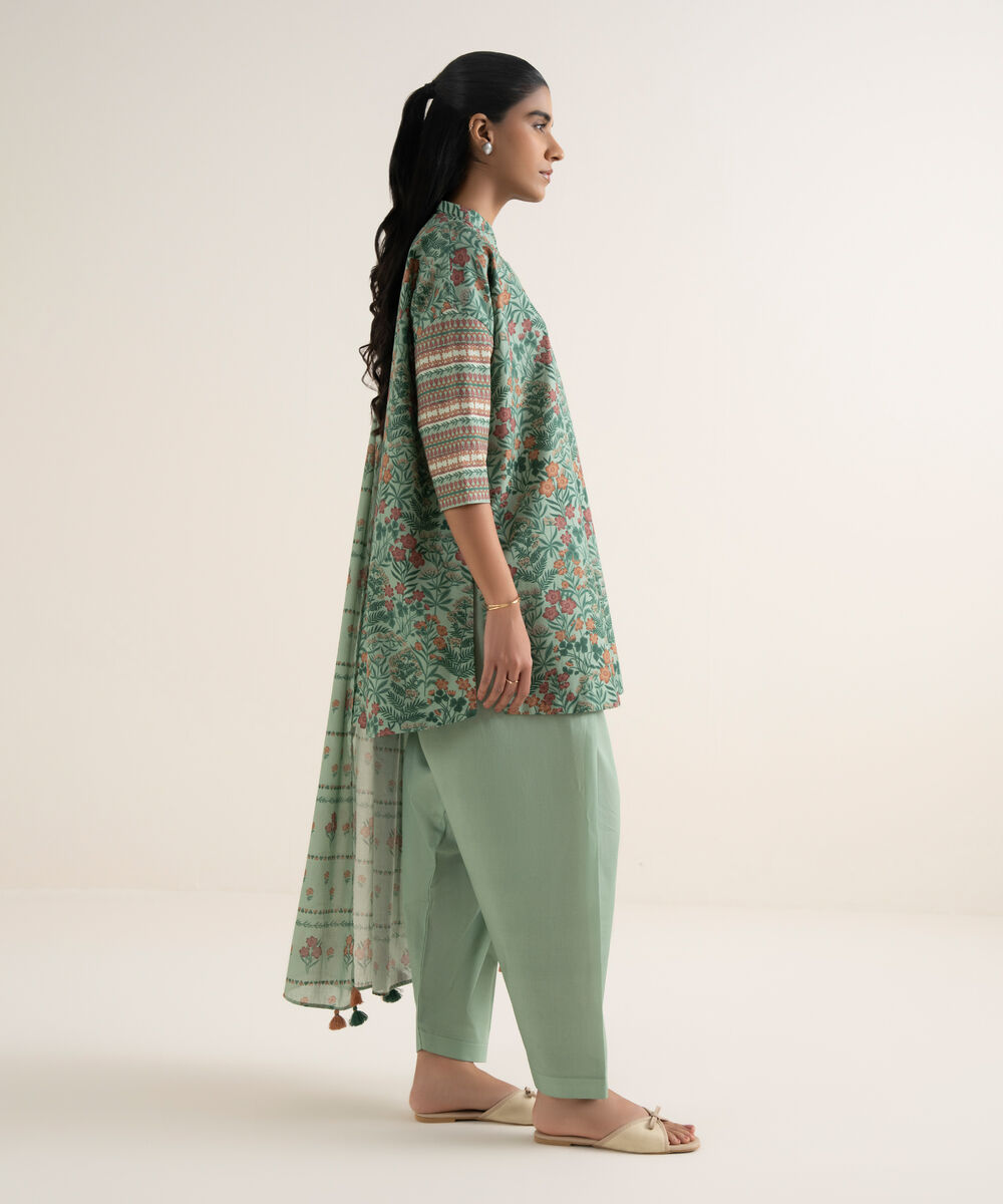 Women's Unstitched Cotton Printed Green 3 Piece Suit