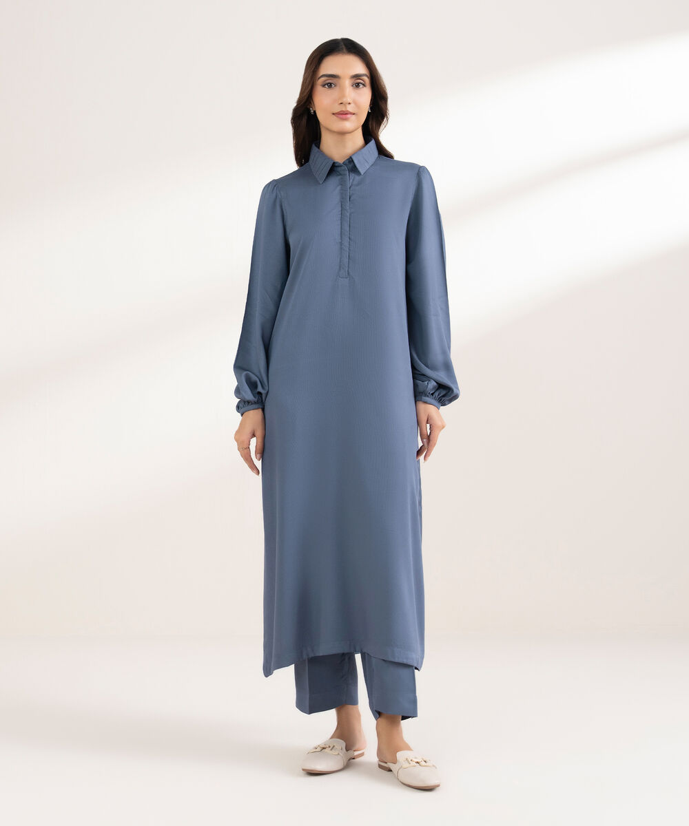 Women's RTW Bedford Solid Straight Steel Blue Shirt