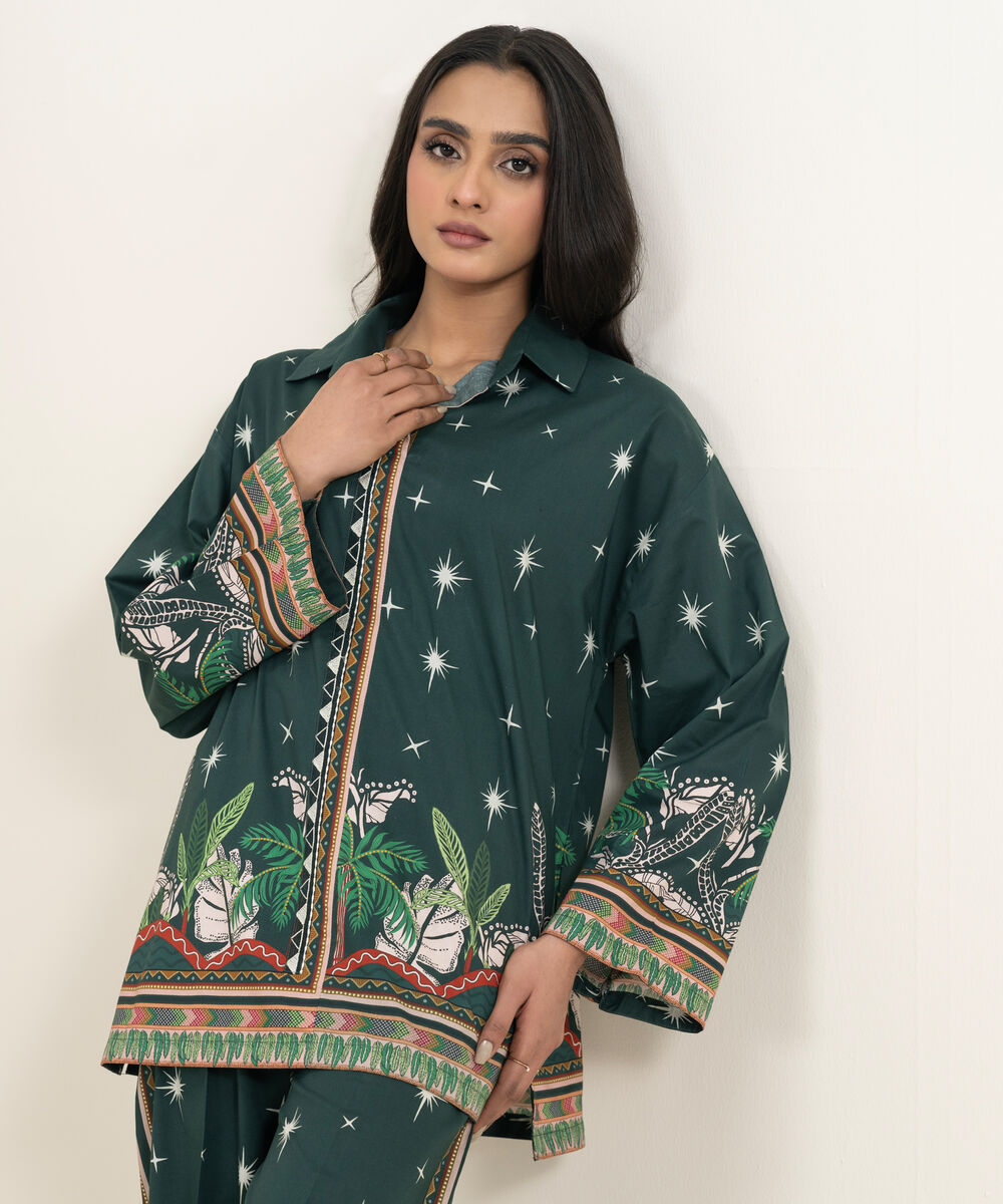 Women's RTW Cambric Embroidered Green Boxy Shirt