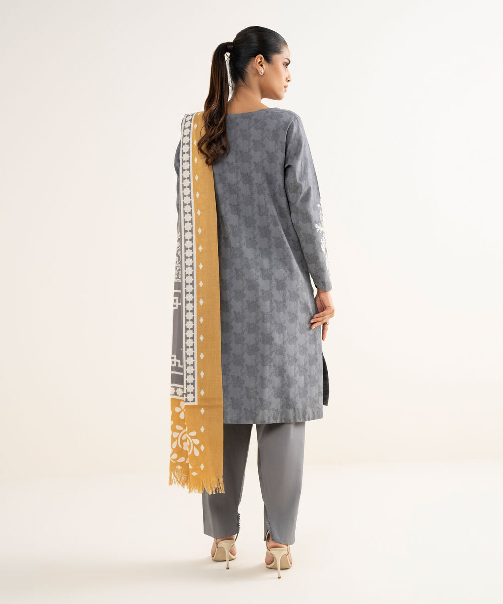 Women's Unstitched Cotton Jacquard Embroidered Grey 3 Piece Suit
