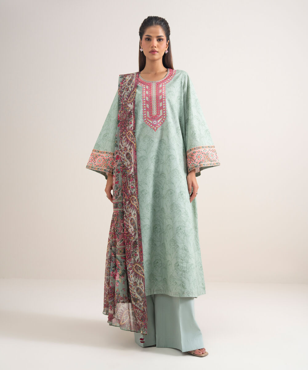 Women's Unstitched Lawn Embroidered Green 2 Piece Suit
