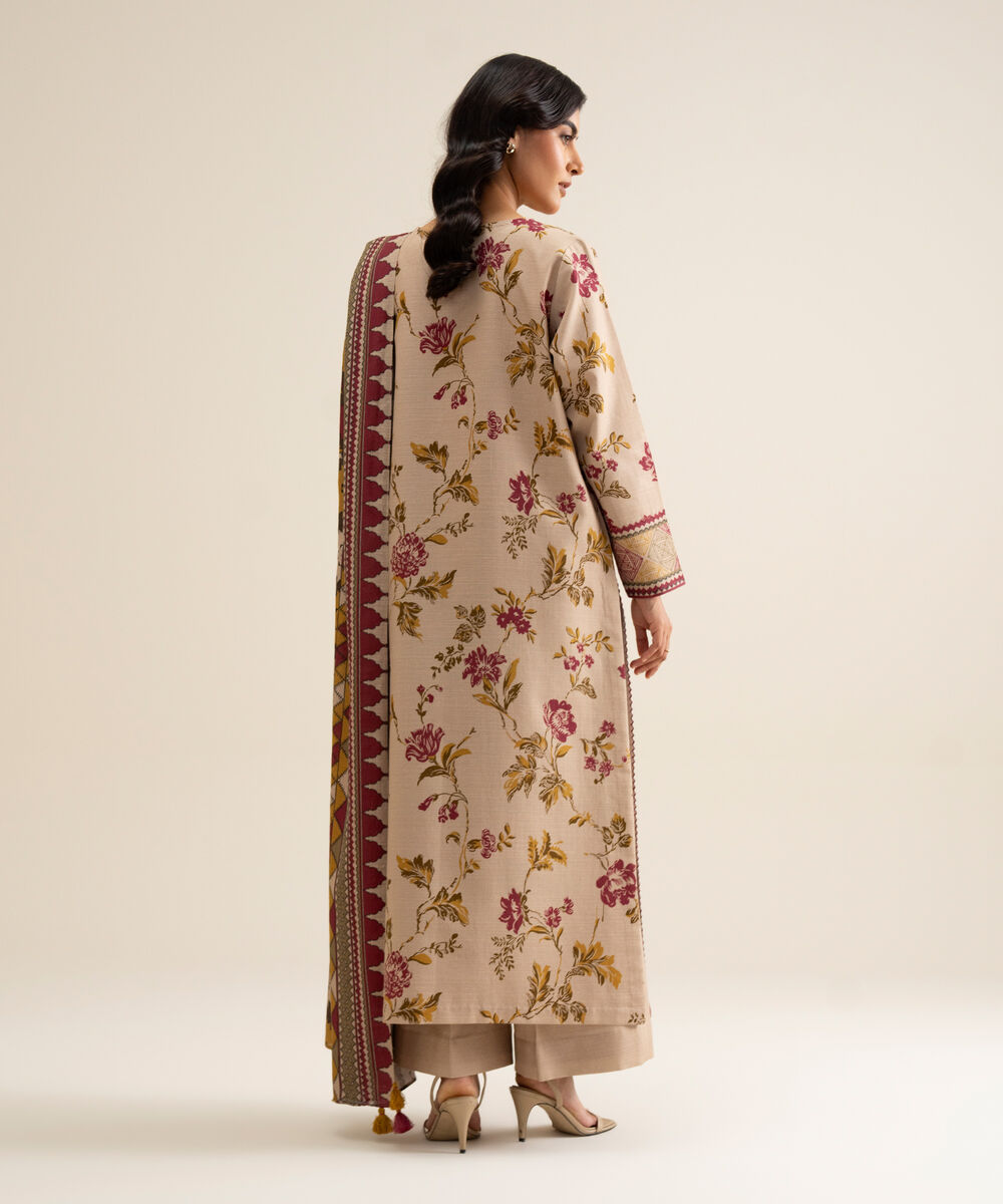 Women's Unstitched Premium Khaddar Printed Beige 3 Piece Suit