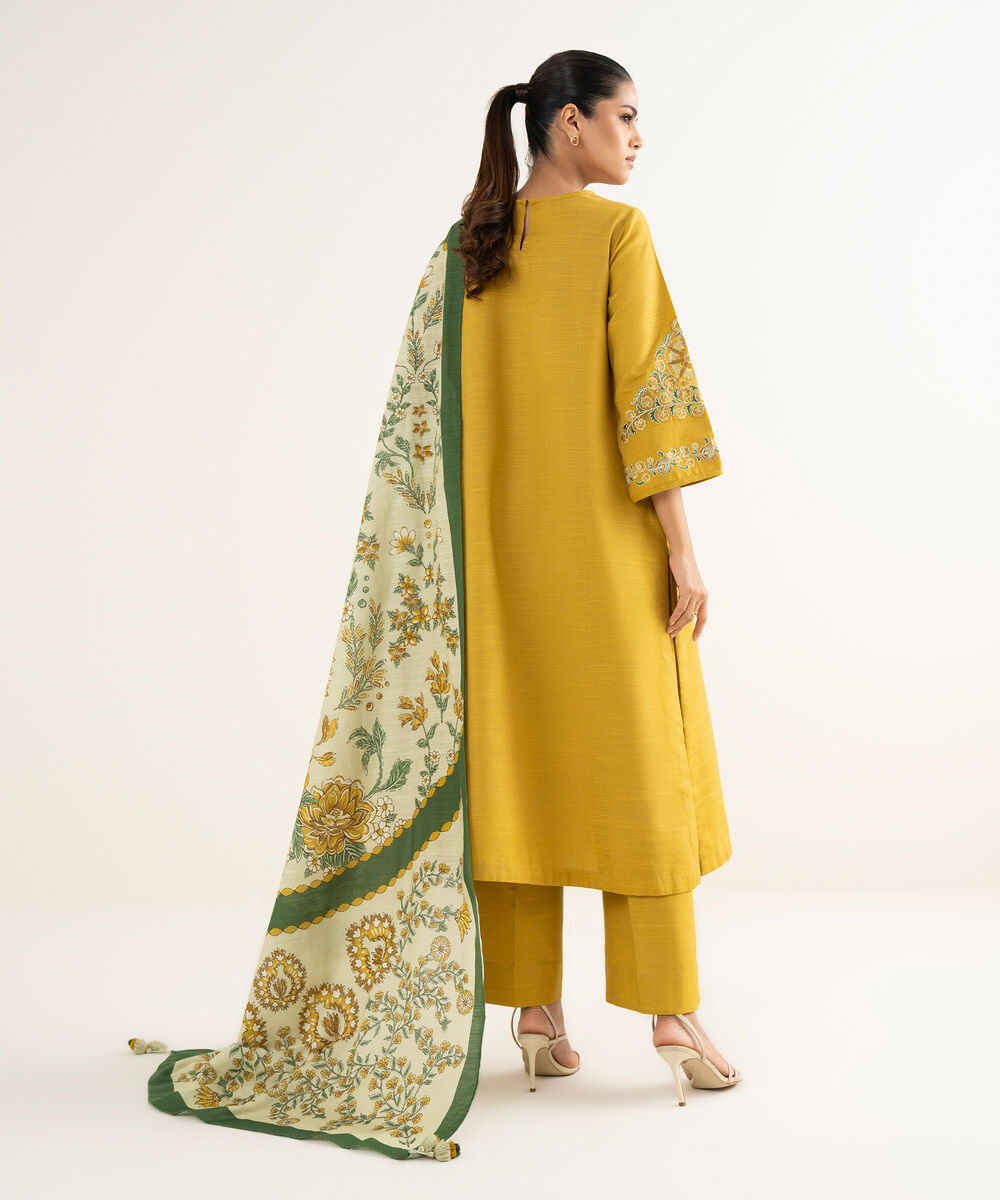 Women's Unstitched Cotton Embroidered Yellow 3 Piece Suit