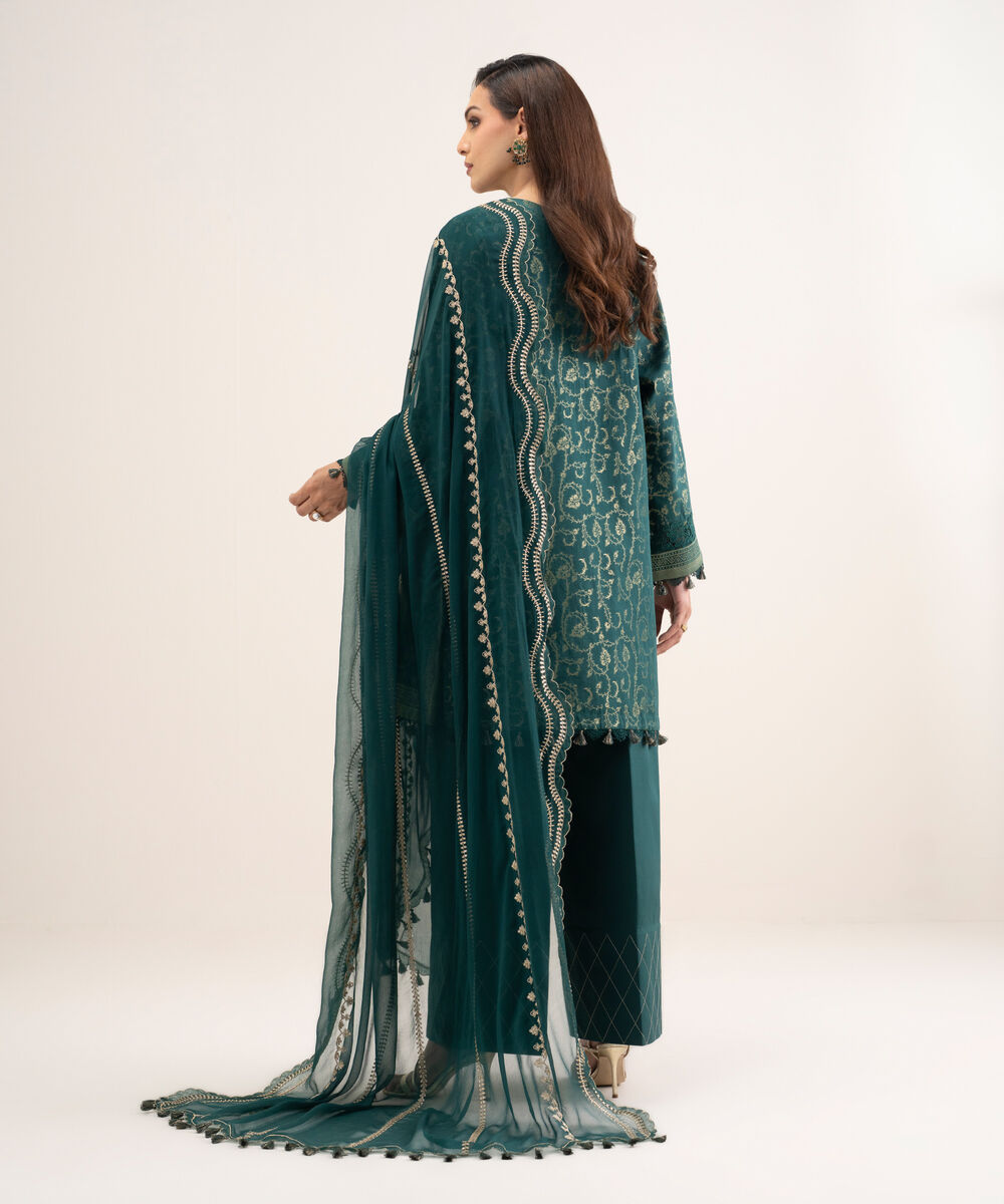 Women's Unstitched Extra Weft Jacquard Embroidered Green 3 Piece Suit