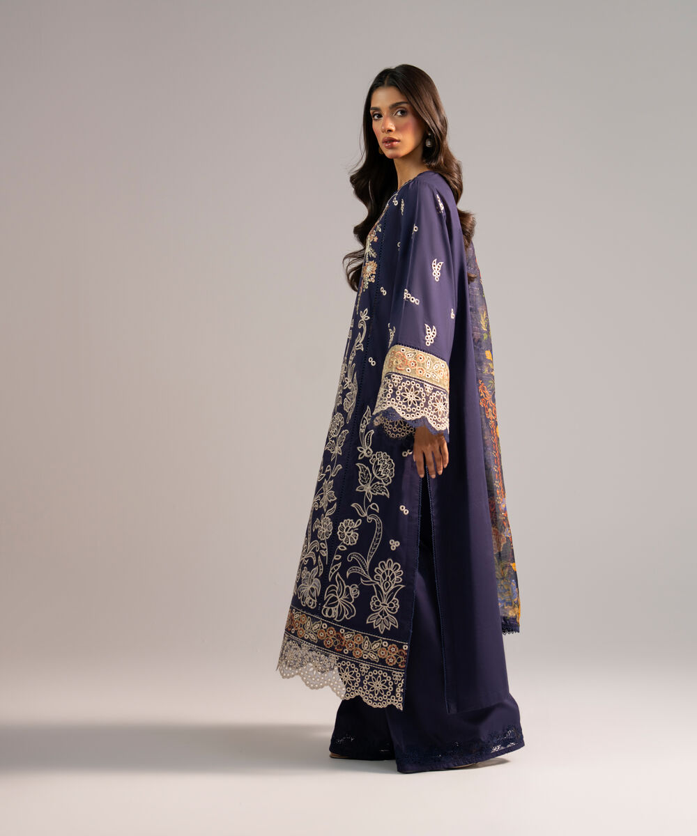 Women's RTW Lawn Embroidered Blue 3 Piece Suit