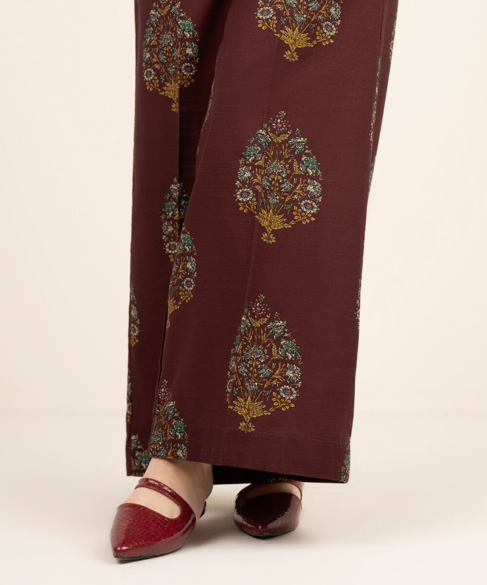Women's RTW Light Khaddar Red Printed Flared Pants