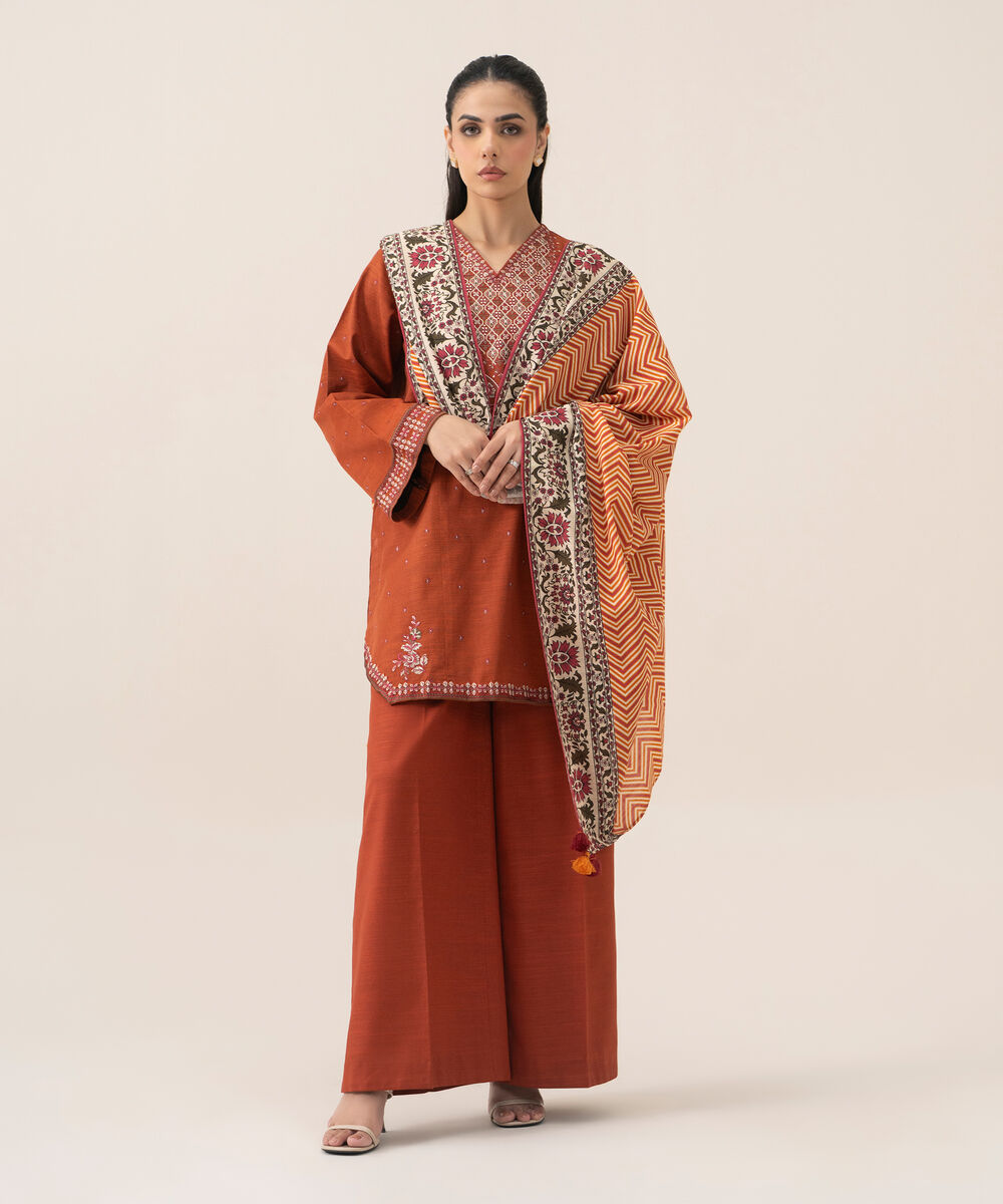 Women's Unstitched Basic Khaddar Embroidered Burnt Orange 3 Piece Suit