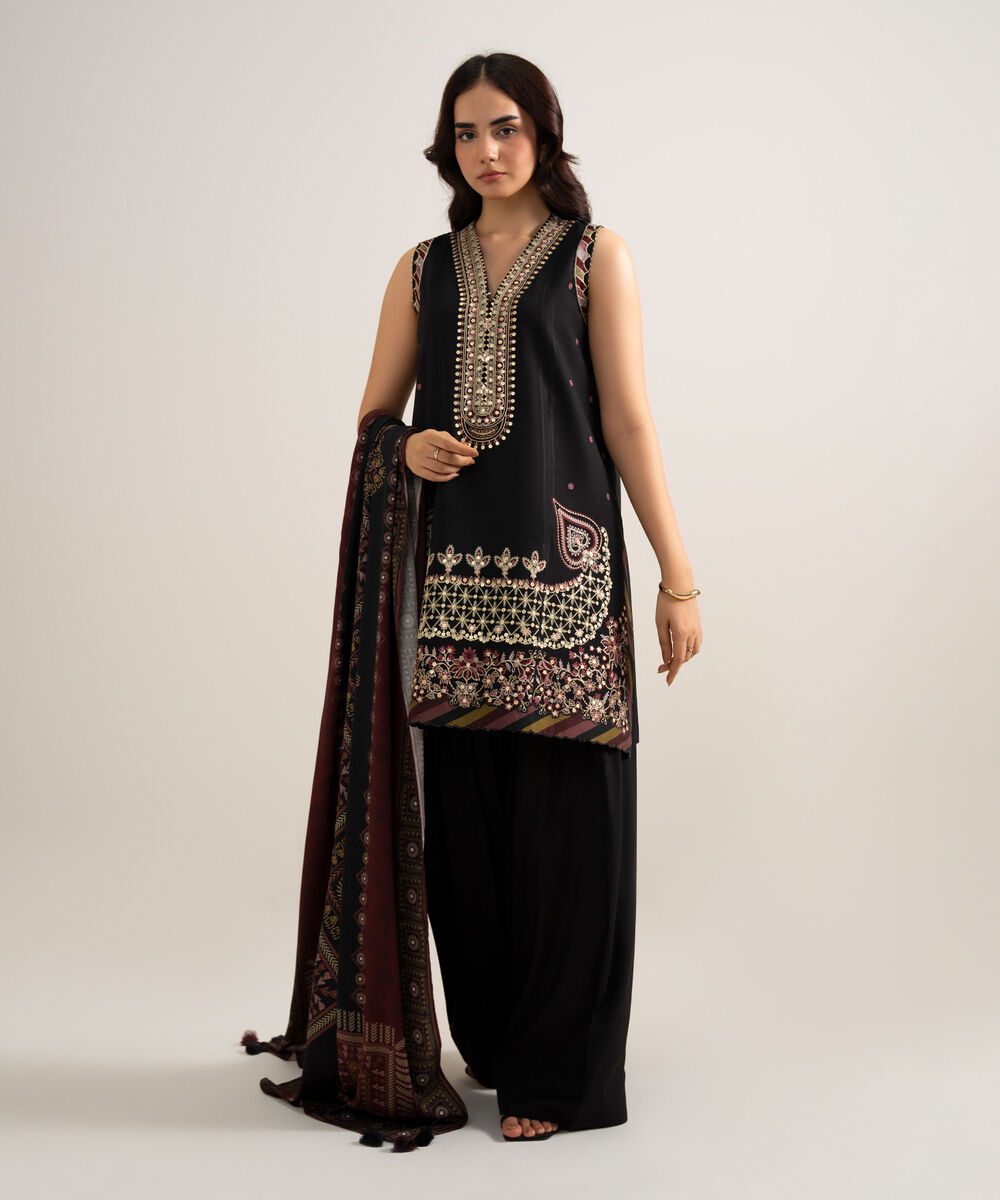 Women's Unstitched Embroidered Linen Black 3 Piece Suit