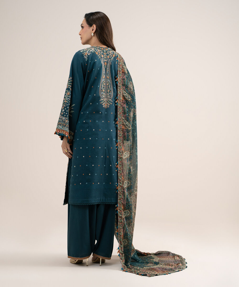 Women's Unstitched Embroidered Fine Cotton Satin Green 3 Piece Suit