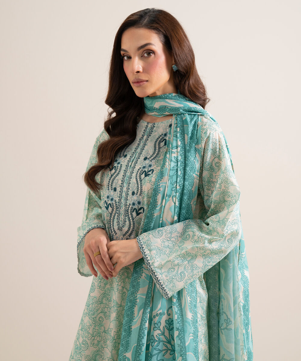 Women's Unstitched Lawn Embroidered Off White and Tea Pink 3 Piece Suit