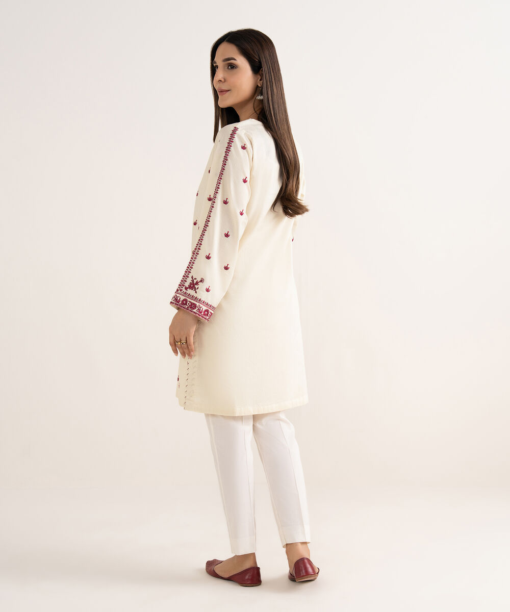 Women's RTW Textured Cotton White Embroidered A-Line Shirt