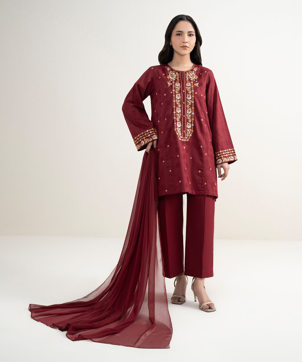 Women's RTW Self Jacquard Embroidered Maroon 3 Piece Suit