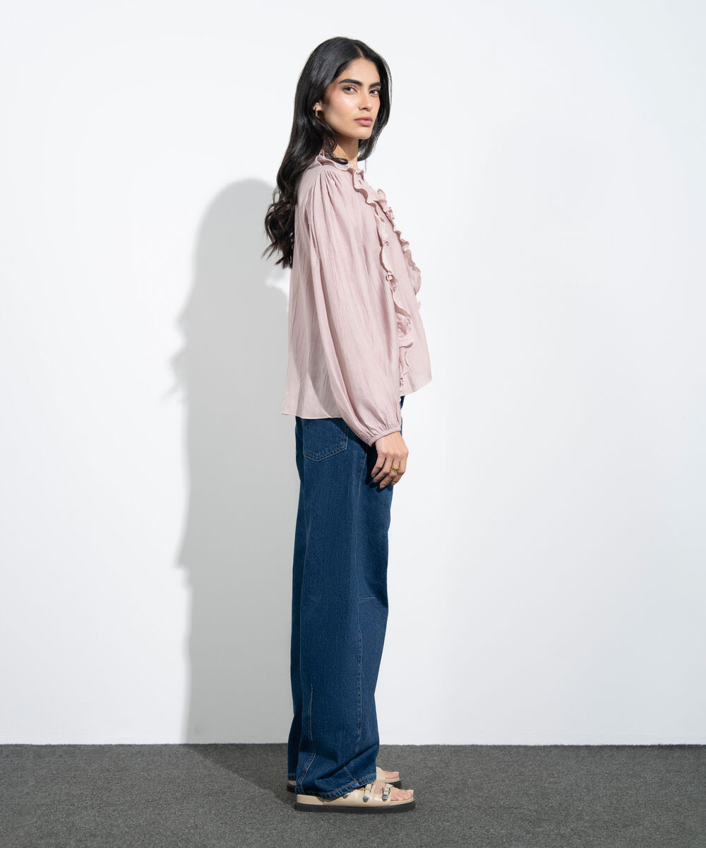 Women's Western Pink Textured Ruffled Top