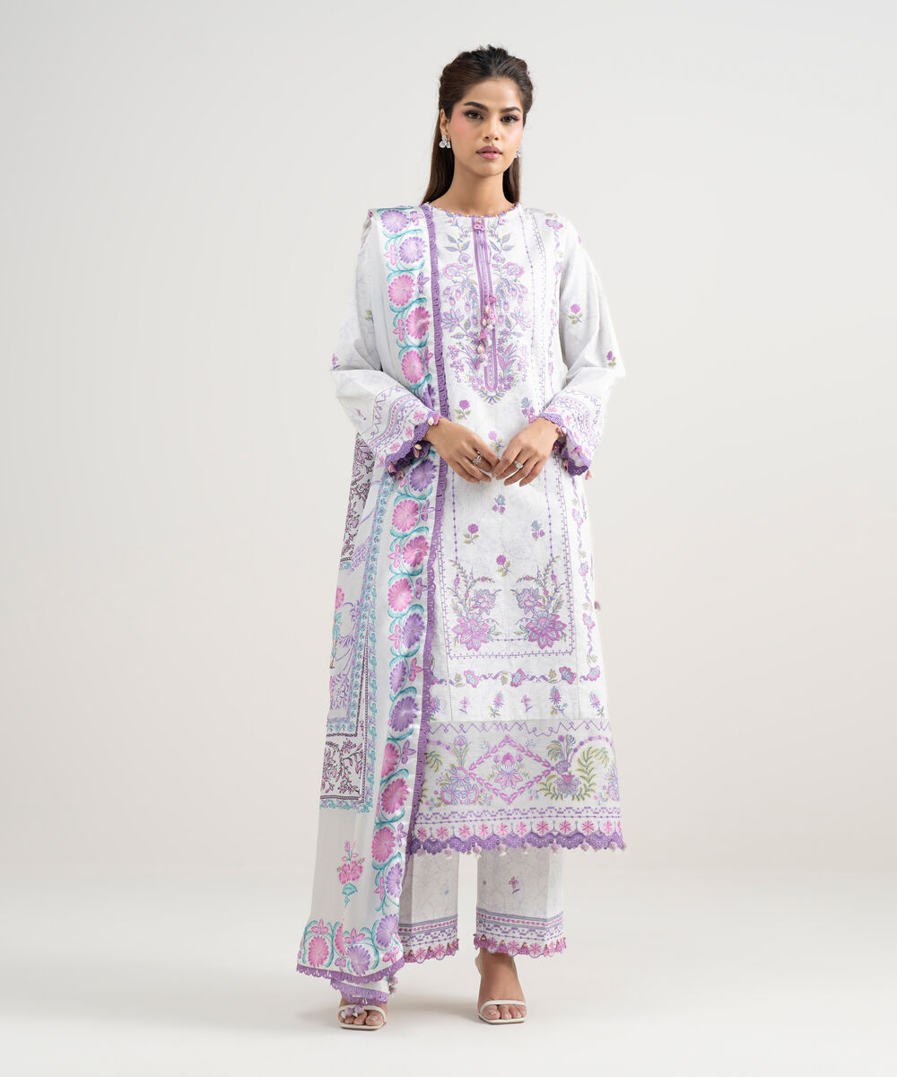 Women's Unstitched Lawn Embroidered Purple 3 Piece Suit