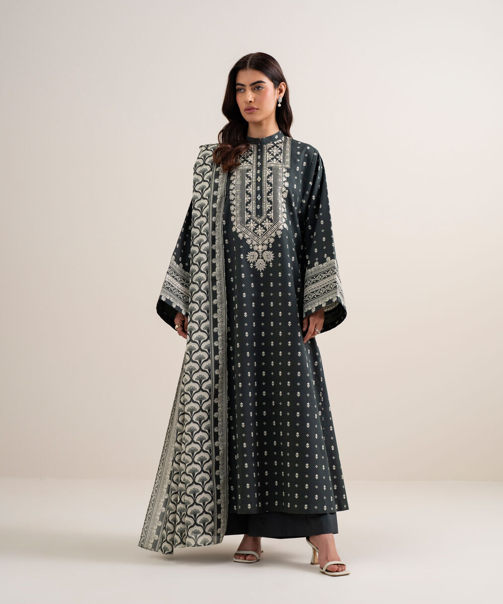 Women's Unstitched Lawn Embroidered Grey and Off White 3 Piece Suit