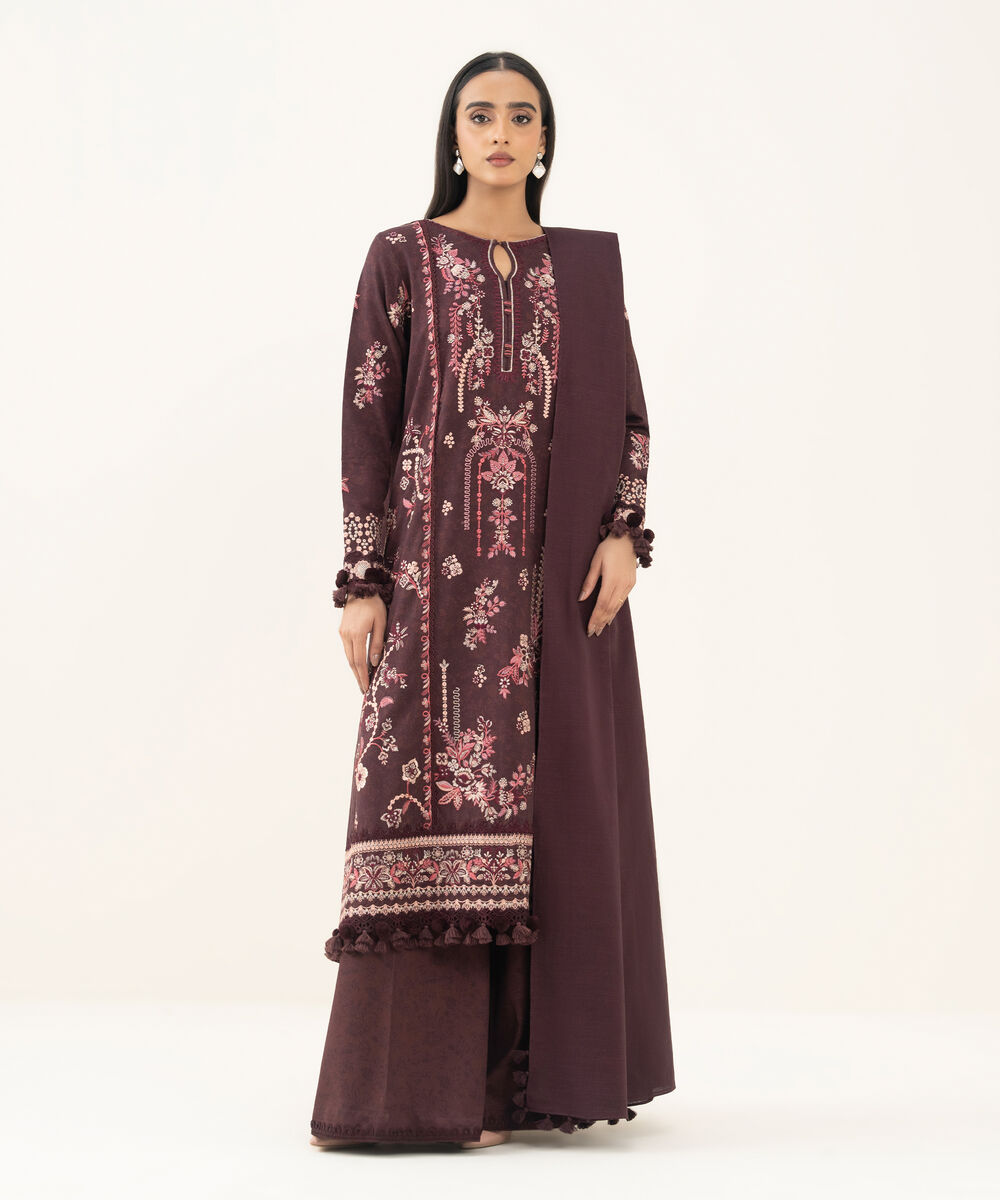 Women's Unstitched Embroidered Twill Maroon 3 Piece Suit