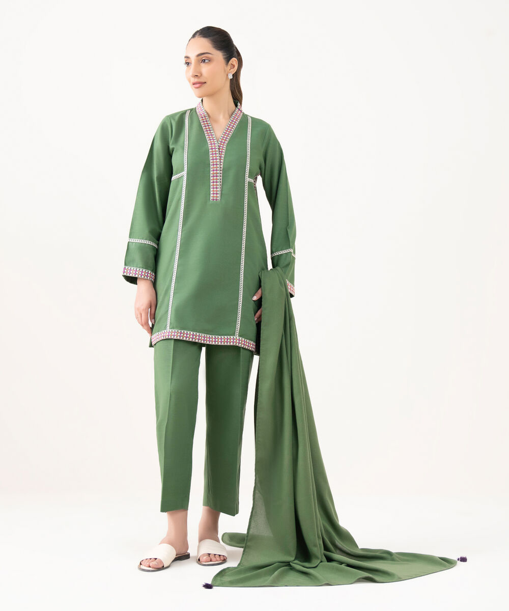 Women's RTW Light Khaddar Embroidered Green Straight Shirt