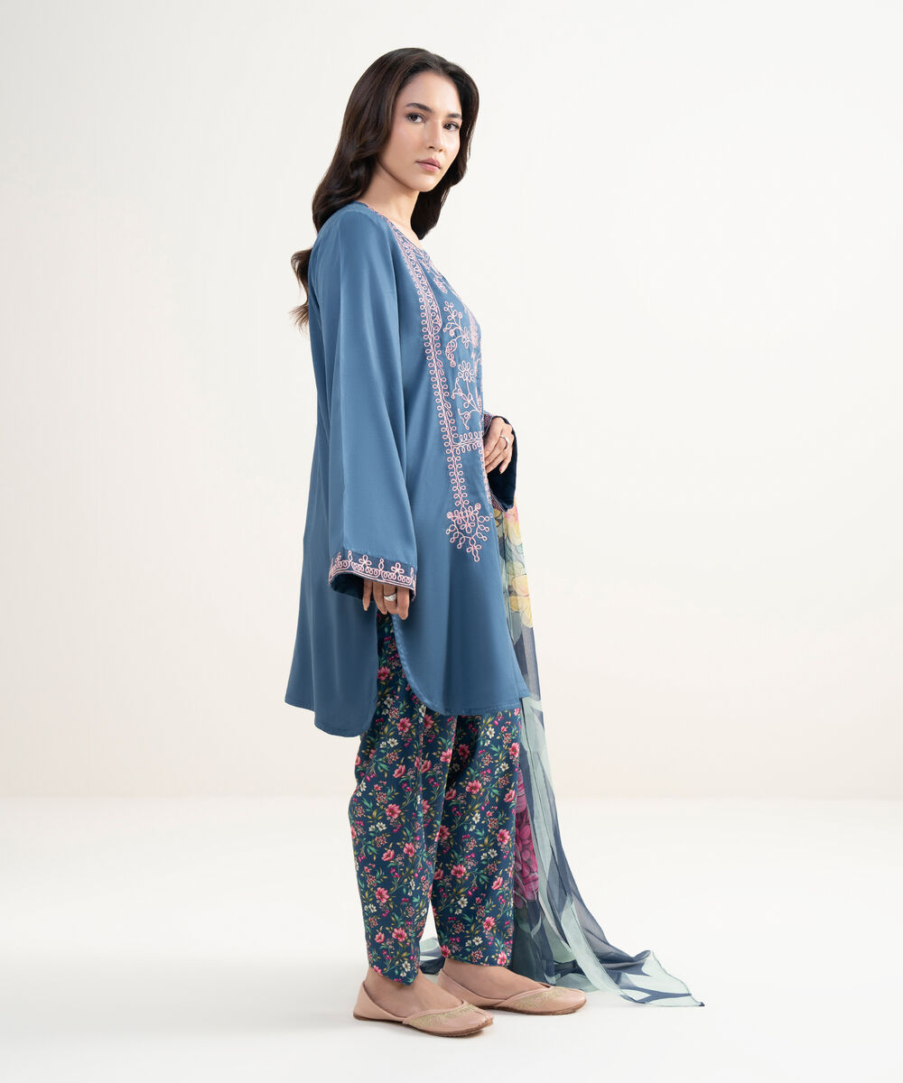 Women's RTW Dobby Embroidered Blue 3 Piece Suit