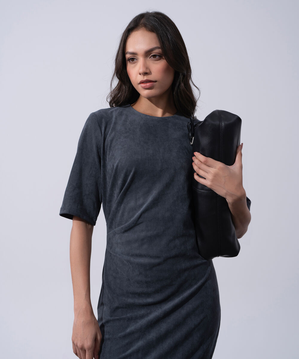 Women's Western Wear Grey Polyester Pleated Faux Suede Long Dress