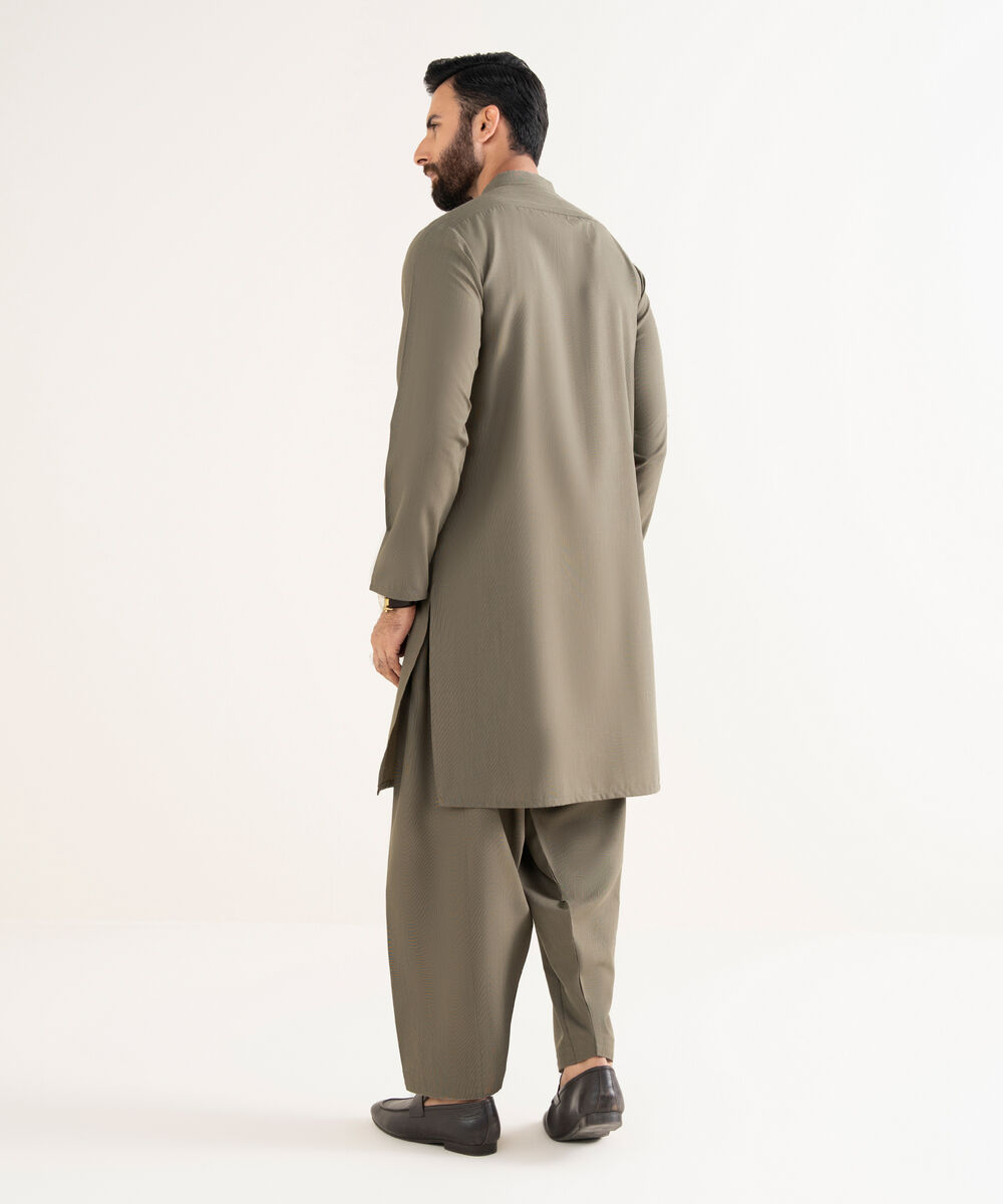 Men's Premium Wash And Wear Embroidered Olive Kurta Shalwar