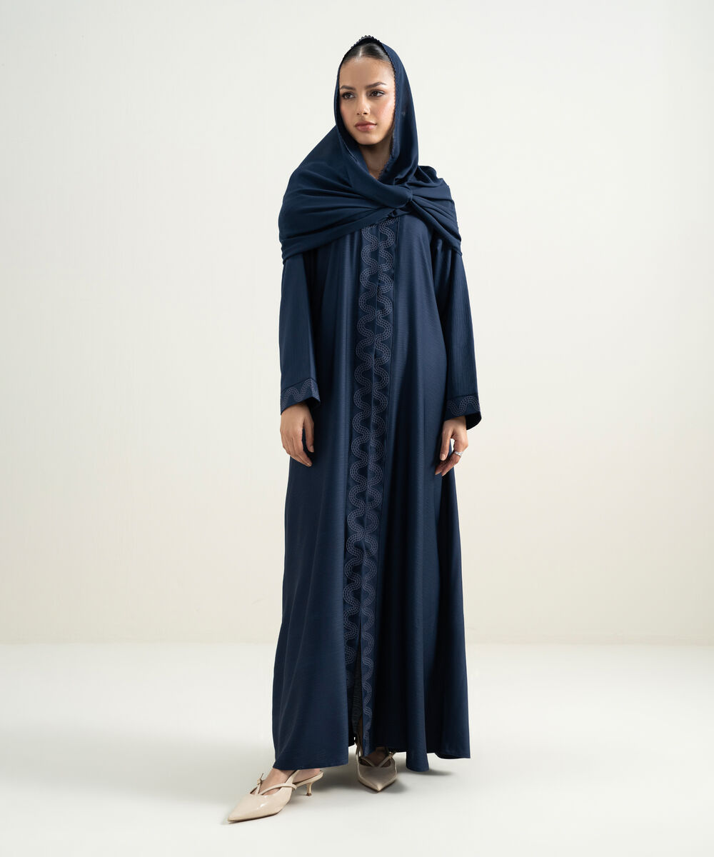 Women's Black Embroidered Button- Through Abaya