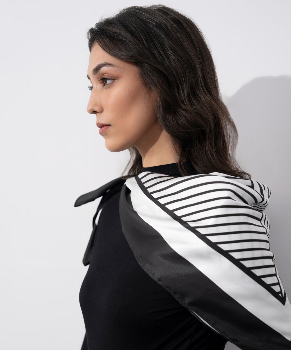 Women's Western Wear Black & White Sqaure Silky Printed Scarf