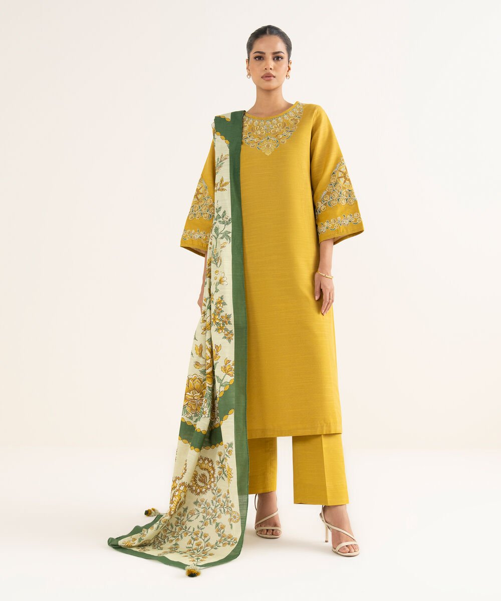 Women's Unstitched Khaddar Embroidered Yellow 3 Piece Suit