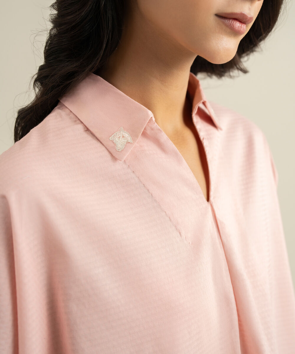 Women's RTW Dobby Embroidered Pink Drop Shoulder Shirt