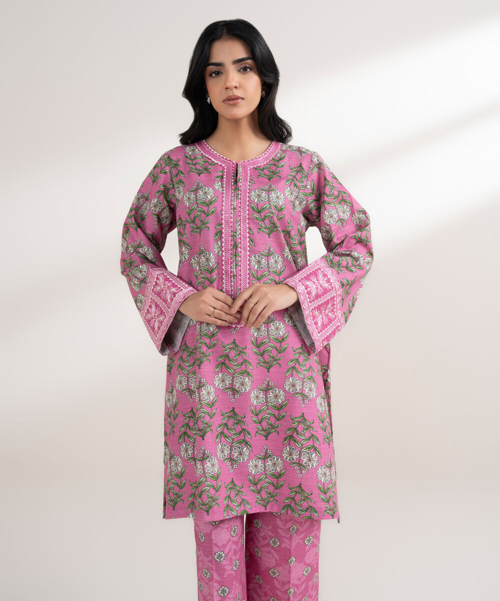 Women's RTW Light Khaddar Embroidered Fuchsia Straight Shirt