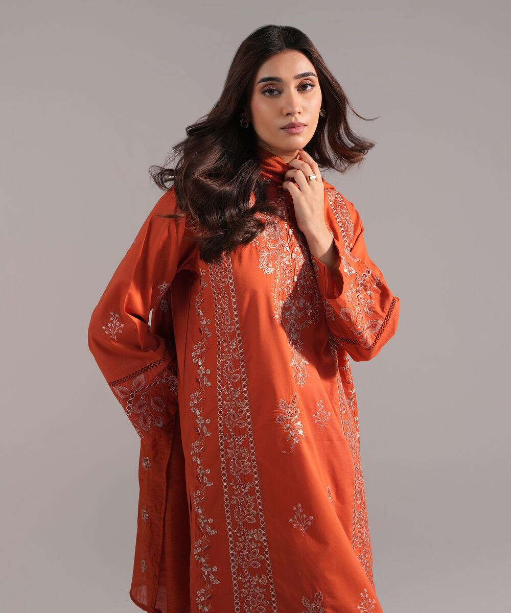 Women's RTW Cambric Embroidered Orange  3 Piece Suit
