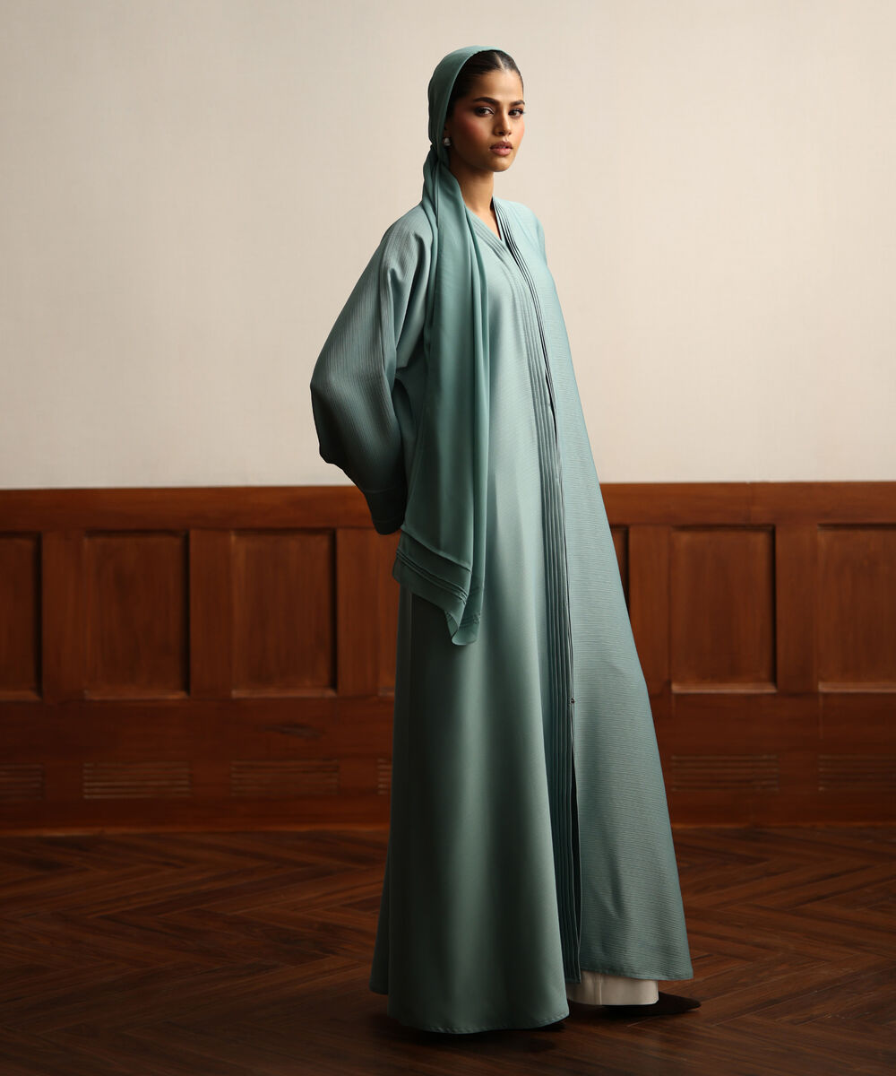 Women's Light Blue Pleated Button Through Abaya Set