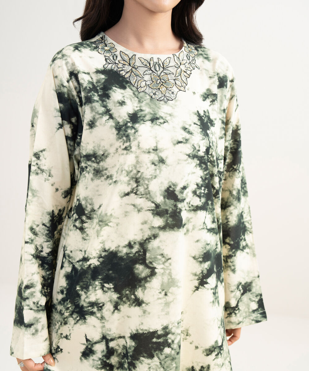 Women's RTW Cotton Viscose Embroidered Off White Straight Shirt