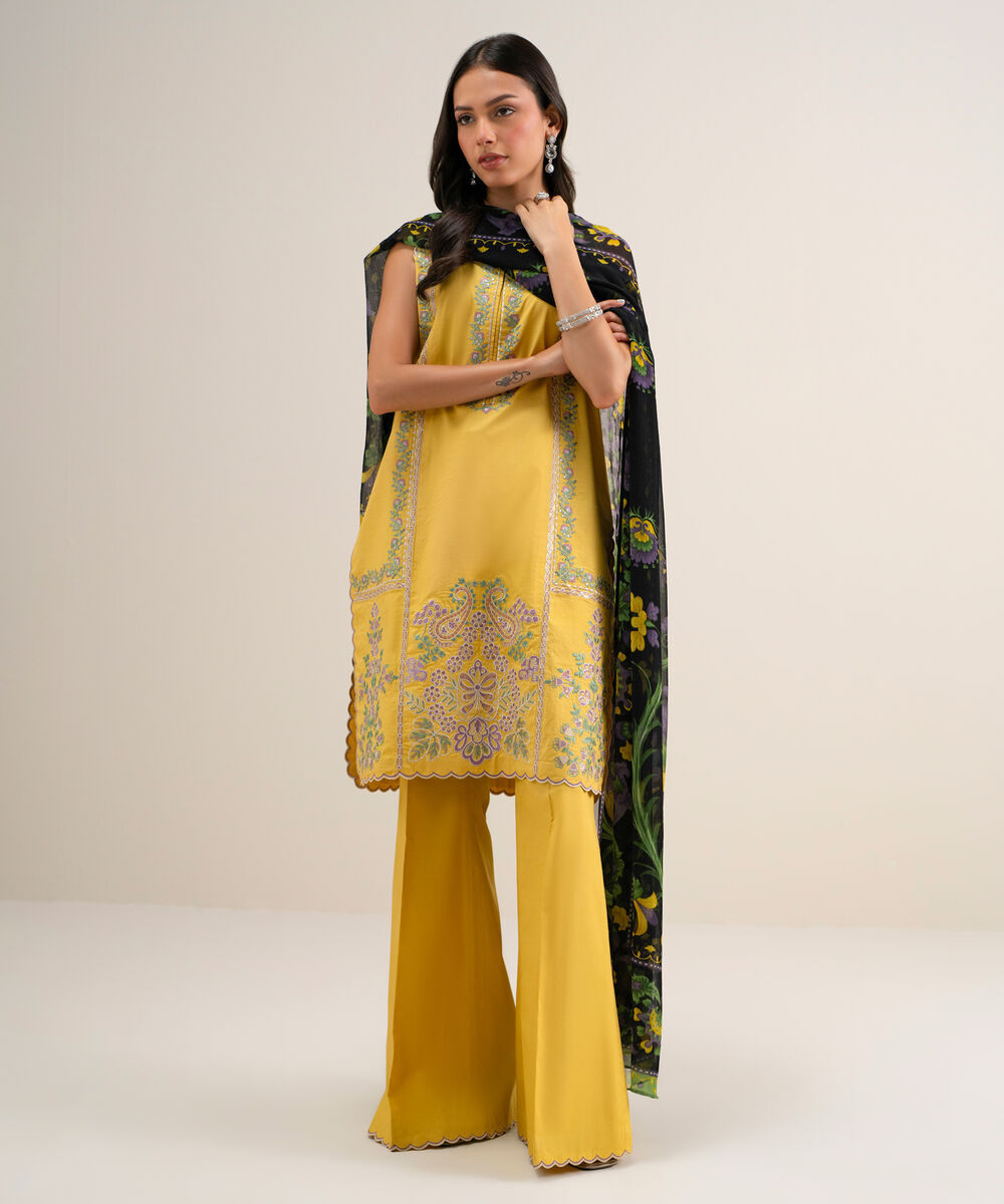 Women's Unstitched Embroidered Textured Lawn Light Yellow 3 Piece Suit