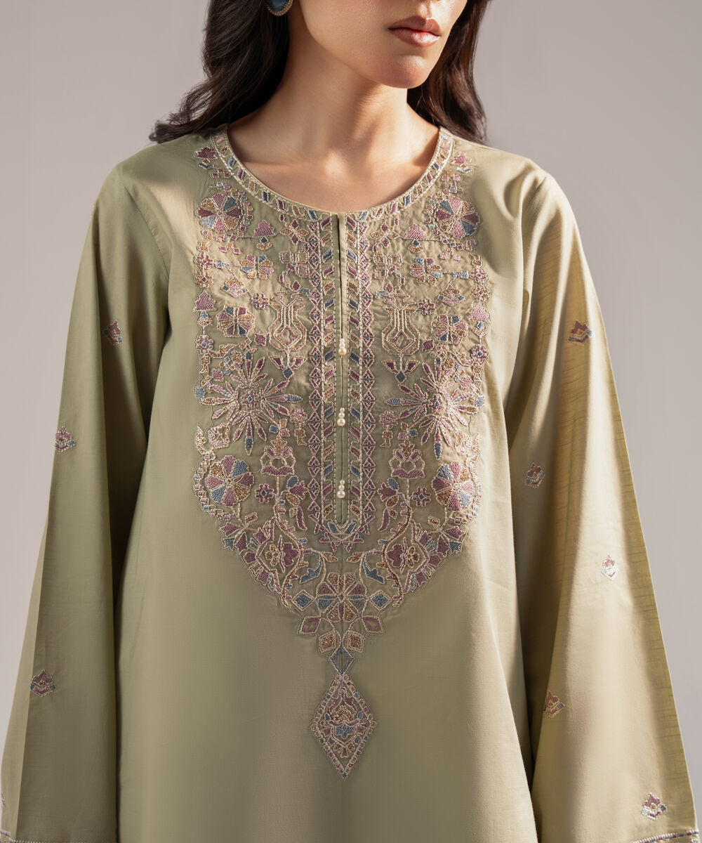 Women's RTW Slub Lawn Embroidered Straight Olive Green Shirt