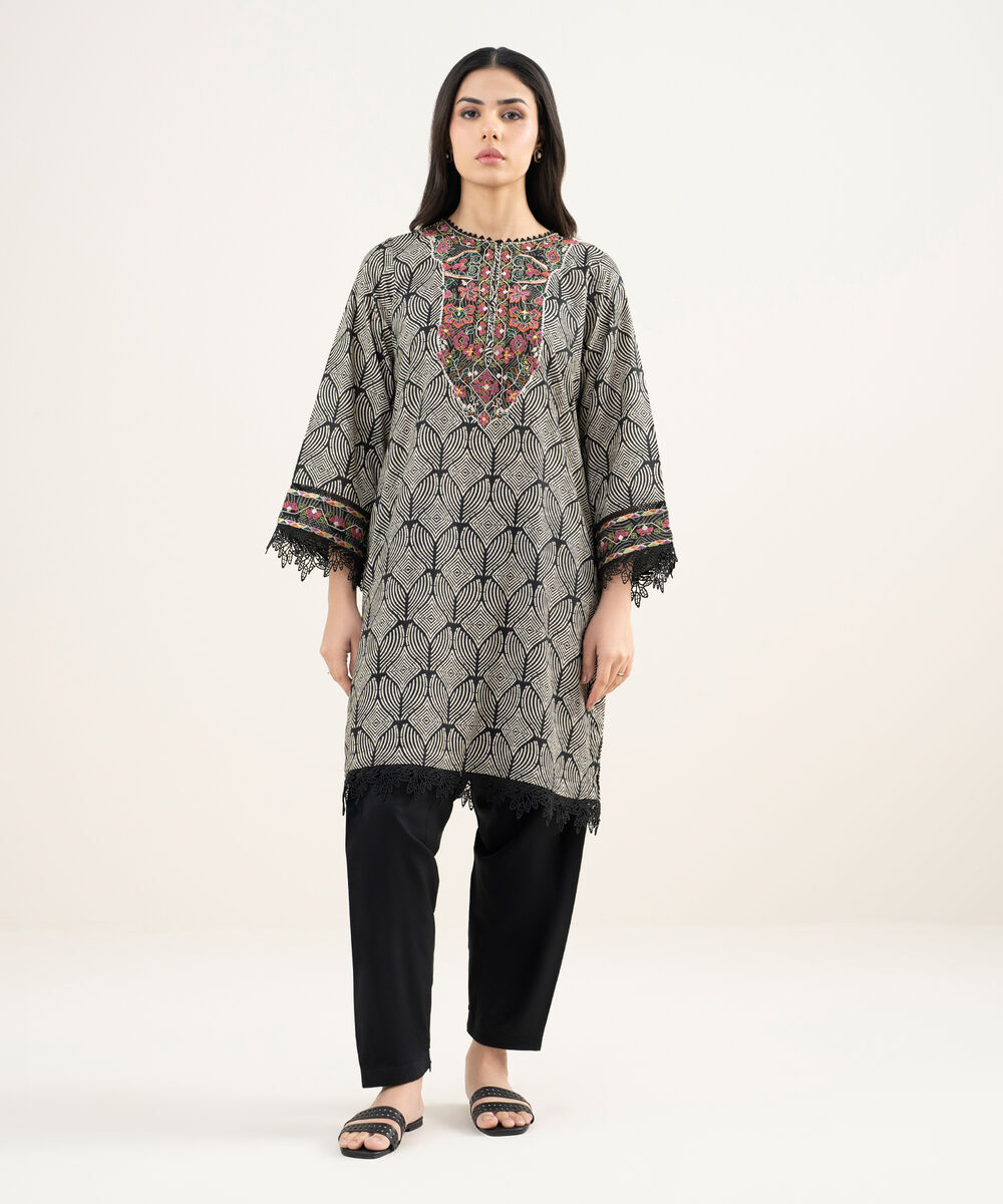Women's RTW Arabic Cambric Embroidered Black Straight Shirt
