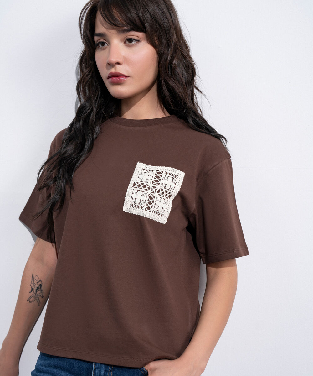 Women's Western Brown T-Shirt With Crochet Patch