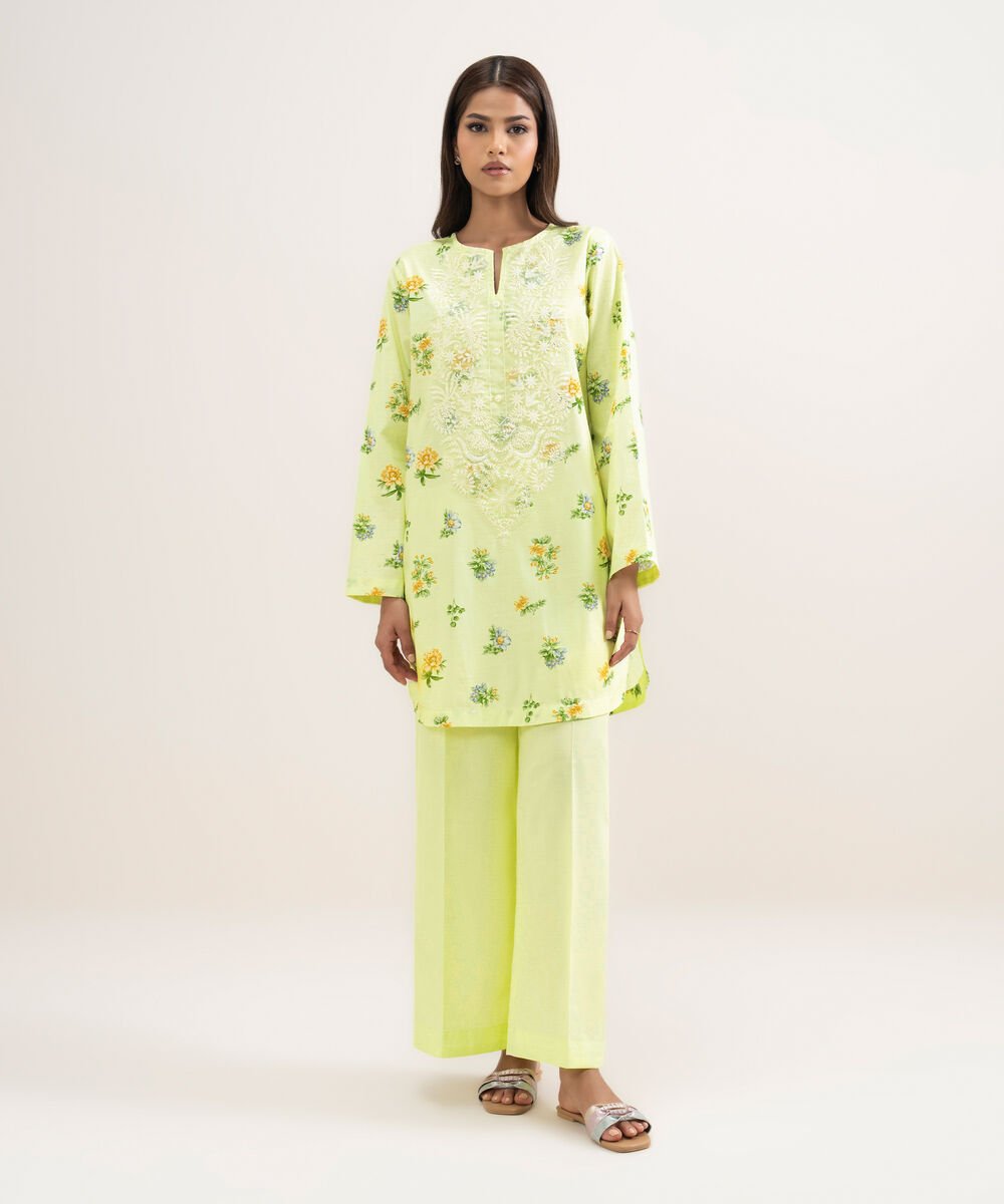 Women's RTW Cambric Embroidered Mint Green Straight Shirt