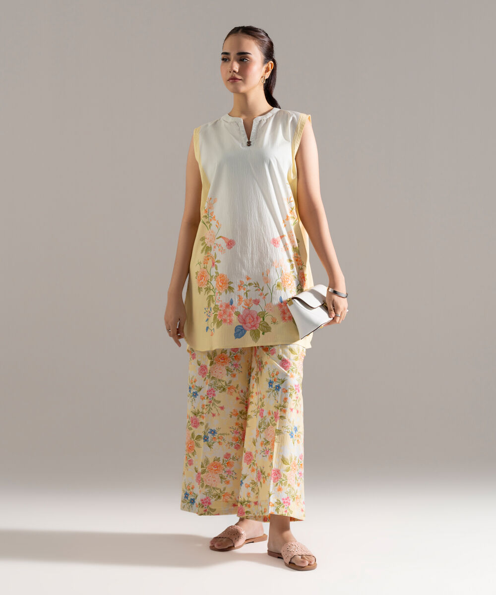Women's RTW Seersucker Printed Pale Yellow 2 Piece Suit